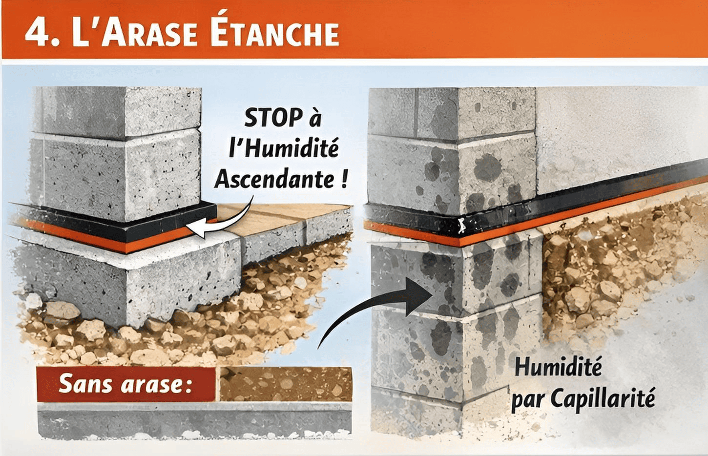 Arase étanche : coupure de capillarité sous le départ des murs, stop à l'humidité ascendante, comparaison avec mur sans arase