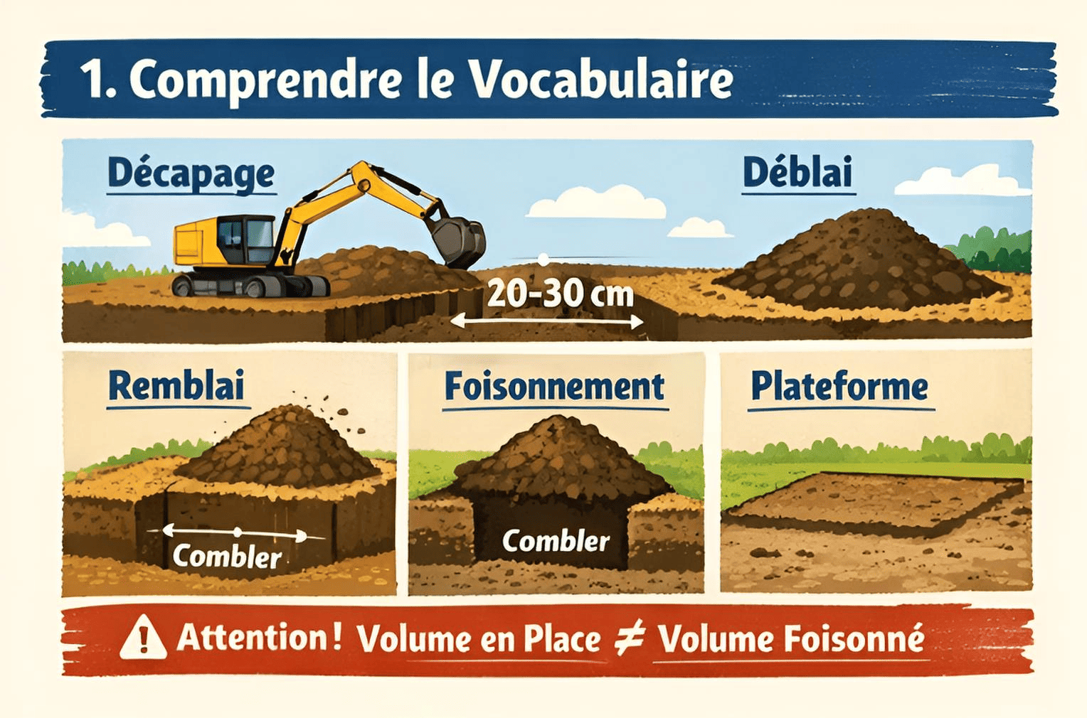 Vocabulaire du terrassement : décapage, déblais, remblais, foisonnement, plateforme, fond de forme