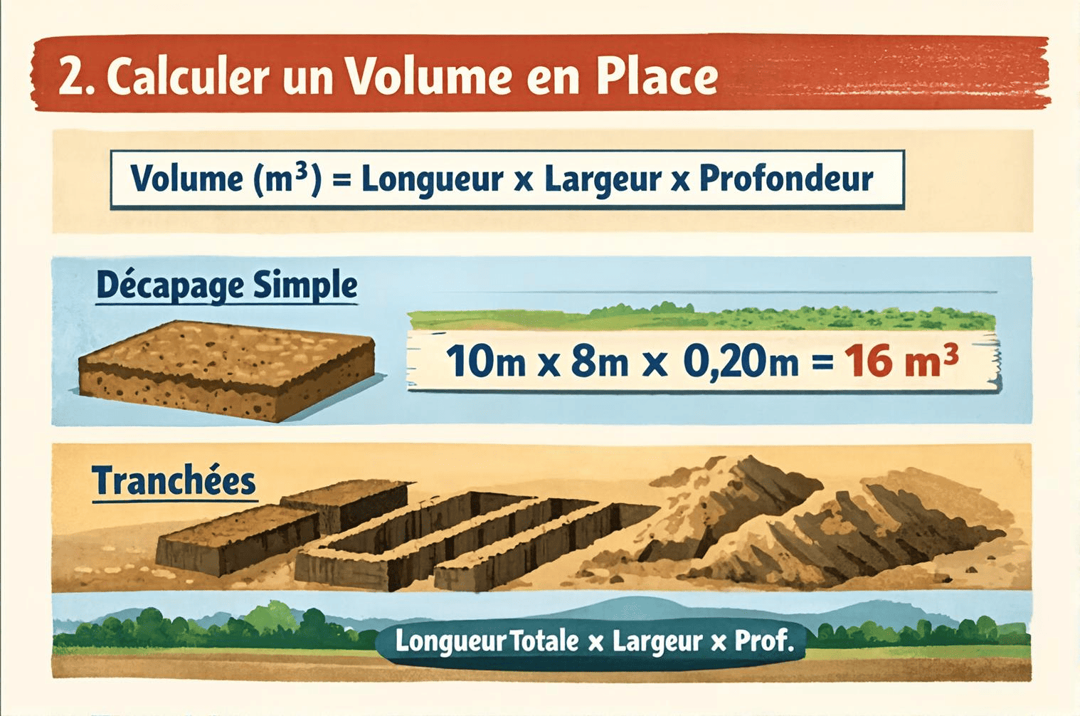 Schéma du volume en place : longueur x largeur x profondeur dans le sol