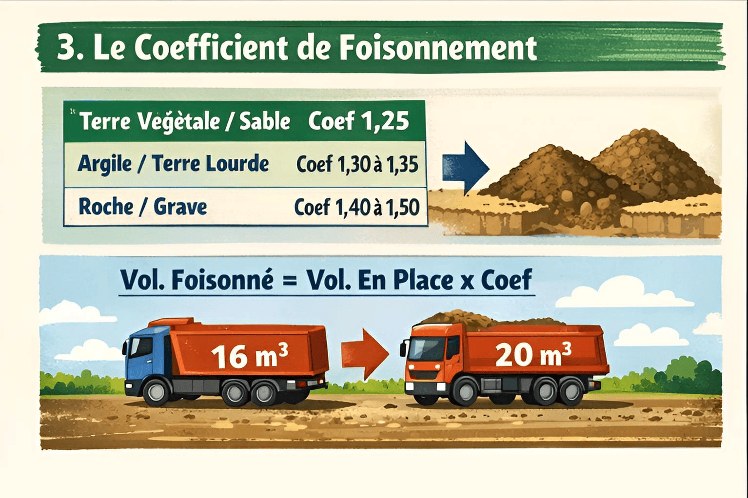 Comparaison volume en place vs volume foisonné après excavation